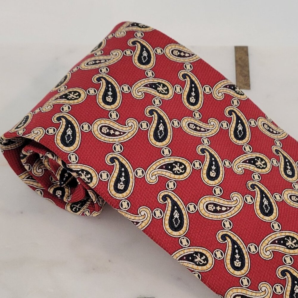 Vintage TOMMY HILFIGER Italian Silk Neck Tie ~ Red/Navy/Gold/Black